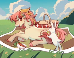 Size: 3000x2360 | Tagged: safe, artist:daffidaizy, oc, oc only, earth pony, pony, rabbit, animal, basket, carrot, commission, duo, female, food, lying down, mare, picnic, picnic basket, picnic blanket, prone, sitting