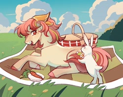 Size: 3000x2360 | Tagged: safe, artist:daffidaizy, oc, oc only, earth pony, pony, rabbit, animal, basket, carrot, commission, duo, female, food, herbivore, lying down, mare, picnic, picnic basket, picnic blanket, prone, sitting