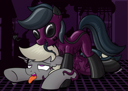 Size: 2268x1625 | Tagged: safe, artist:superderpybot, oc, oc only, earth pony, goo, latex pony, original species, pony, g4, ahegao, assimilation, brainwashed, brainwashing, digital art, drone, duo, earth pony oc, fetish, hazmat pony drone, heart, latex, latex fetish, latex suit, liquid latex, living latex, long tongue, male, open mouth, pinned down, rubber, rubber boots, rubber drone, rubber suit, shiny, stallion, standing over, tongue out, transformation, wires