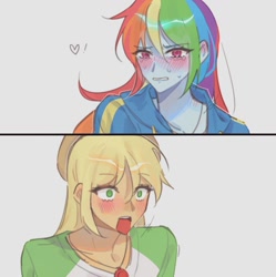 Size: 1014x1018 | Tagged: safe, artist:gb_mlp, applejack, rainbow dash, human, equestria girls, g4, blushing, clothes, confession, crying, duo, duo female, female, jacket, jaw drop, jewelry, lesbian, necklace, open mouth, ship:appledash, shipping