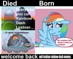 Size: 862x694 | Tagged: safe, edit, rainbow dash, pegasus, pony, crying, died born welcome back, duo, meme, rain