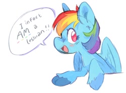 Size: 925x681 | Tagged: safe, artist:kanincotton, rainbow dash, pegasus, pony, g4, blushing, female, lesbian, simple background, solo, speech bubble, white background