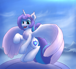 Size: 2200x2000 | Tagged: safe, artist:gosha305, princess flurry heart, alicorn, pony, chest fluff, crystal empire, cute, ear fluff, female, fluffy, flying, full body, horn, landing, large wings, looking at you, mare, mountain, open mouth, sky background, smiling, solo, spread wings, wings