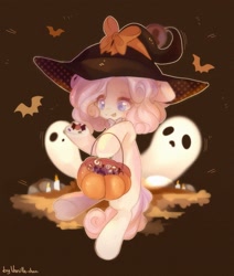 Size: 1735x2048 | Tagged: safe, artist:vanilla-chan, oc, oc only, bat, earth pony, ghost, pony, undead, bowtie, brown background, candle, candy, clothes, costume, female, food, halloween, halloween costume, hat, mare, pumpkin bucket, simple background, solo, tongue out, witch costume, witch hat