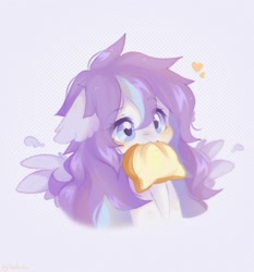 Size: 1908x2048 | Tagged: safe, artist:vanilla-chan, oc, oc only, oc:butterfly effect, pegasus, pony, abstract background, bread, ear fluff, female, floating heart, food, heart, mare, mouth hold, solo, spread wings, wings