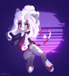 Size: 1950x2160 | Tagged: safe, artist:vanilla-chan, oc, oc only, pony, abstract background, clothes, devil tail, ear fluff, female, horns, jacket, mare, solo, tail