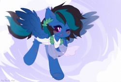 Size: 2048x1392 | Tagged: safe, artist:vanilla-chan, oc, oc only, pegasus, pony, blushing, clothes, flying, laurel wreath, one eye closed, solo, spread wings, wings