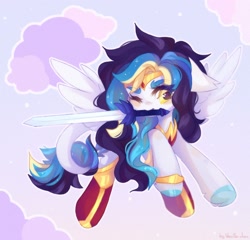 Size: 2048x1966 | Tagged: safe, artist:vanilla-chan, oc, oc only, pegasus, pony, circlet, clothes, commission, female, flying, leonine tail, mare, mouth hold, solo, sword, tail, weapon