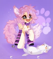 Size: 980x1082 | Tagged: safe, artist:vanilla-chan, oc, oc only, pegasus, pony, abstract background, bell, bell collar, bowtie, chest fluff, collar, ear fluff, female, heart, heart eyes, mare, open mouth, plushie, solo, wingding eyes