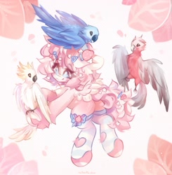 Size: 2007x2048 | Tagged: safe, artist:vanilla-chan, oc, oc only, bird, earth pony, parrot, pony, abstract background, chest fluff, clothes, female, hairclip, mare, socks, solo