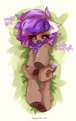 Size: 1289x2048 | Tagged: safe, artist:vanilla-chan, oc, oc only, earth pony, pony, bowtie, cloven hooves, dialogue, ear fluff, ear piercing, earring, female, jewelry, lying down, mare, piercing, solo