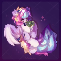 Size: 2048x2027 | Tagged: safe, artist:vanilla-chan, oc, oc only, pegasus, pony, abstract background, choker, ear fluff, female, fetlock tuft, flying, mare, potted plant, solo