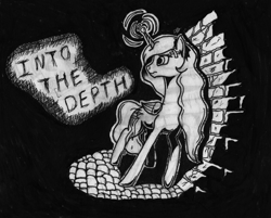 Size: 4188x3364 | Tagged: safe, artist:enteryourponyname, princess celestia, alicorn, pony, fanfic:into the depth, black and white, bleeding, blood, brick wall, darkness, folded wings, grayscale, injured, leaning on wall, light spell, magic, monochrome, scared, solo, text, traditional art, wings