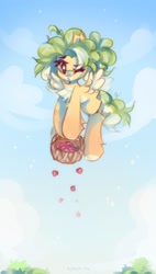 Size: 1164x2048 | Tagged: safe, artist:vanilla-chan, oc, oc only, pegasus, pony, basket, berry, chest fluff, female, fetlock tuft, flying, food, mare, one eye closed, solo