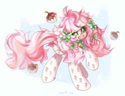 Size: 2048x1573 | Tagged: safe, artist:vanilla-chan, oc, oc only, earth pony, pony, abstract background, bow, clothes, commission, ear fluff, female, food, hair bow, mare, muffin, socks, solo