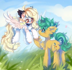 Size: 2048x1989 | Tagged: safe, artist:vanilla-chan, oc, oc only, earth pony, pegasus, pony, blushing, butt fluff, chest fluff, choker, duo, duo male and female, ear fluff, female, fetlock tuft, flying, holding hooves, looking at each other, looking at someone, male, mare, oc x oc, shipping