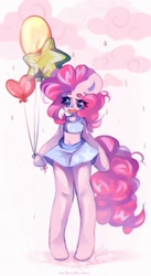 Size: 1123x2048 | Tagged: safe, artist:vanilla-chan, pinkie pie, earth pony, semi-anthro, g4, balloon, bra, chocolate, chocolate rain, clothes, cloud, crop top bra, eye clipping through hair, female, food, heart, heart balloon, rain, skirt, solo, underwear