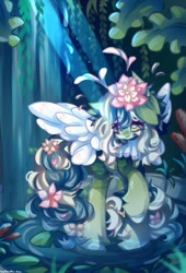 Size: 557x819 | Tagged: safe, artist:vanilla-chan, oc, oc only, pegasus, pony, female, fetlock tuft, flower, flower in hair, flower in tail, lilypad, mare, solo, tail, water, waterfall
