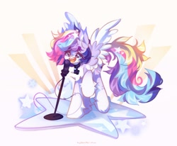 Size: 2048x1690 | Tagged: safe, artist:vanilla-chan, oc, oc only, oc:starbright flow, pegasus, pony, abstract background, chest fluff, choker, female, fetlock tuft, mare, singing, solo, spread wings, wings