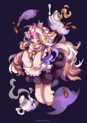 Size: 1523x2160 | Tagged: safe, artist:vanilla-chan, oc, oc only, pony, unicorn, bell, bell collar, clothes, collar, cookie, cup, female, food, horn, magic, maid, mare, one eye closed, purple background, saucer, simple background, spoon, teacup, teapot, telekinesis, tongue out, wink