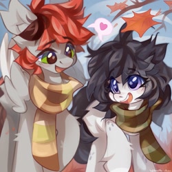 Size: 2048x2048 | Tagged: safe, artist:vanilla-chan, oc, oc only, earth pony, pegasus, pony, autumn, autumn leaves, clothes, duo, duo male and female, ear fluff, female, leaves, looking at each other, looking at someone, male, oc x oc, scarf, shipping, speech bubble, straight, striped scarf