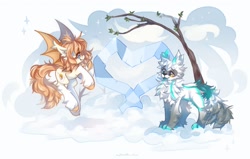 Size: 2048x1300 | Tagged: safe, artist:vanilla-chan, oc, oc only, bat pony, pony, wolf, blushing, chest fluff, commission, duo, ear fluff, ear tufts, female, flying, heart, heterochromia, male, male and female, oc x oc, shipping, snow, straight, unshorn fetlocks, winter