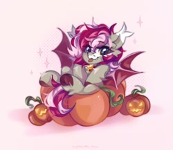 Size: 2048x1781 | Tagged: safe, artist:vanilla-chan, oc, oc only, bat pony, pony, abstract background, bell, bell collar, collar, commission, fangs, female, fetlock tuft, halloween, holiday, jack-o-lantern, mare, pumpkin, reclining, sitting, solo, tongue out, ych result