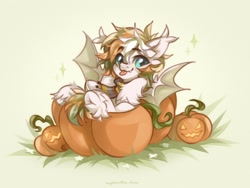 Size: 2048x1544 | Tagged: safe, artist:vanilla-chan, oc, oc only, bat pony, pony, clothes, commission, ear tufts, fangs, green background, halloween, holiday, jack-o-lantern, pumpkin, scarf, simple background, solo, tongue out, unshorn fetlocks, ych result