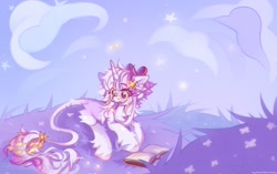 Size: 2048x1288 | Tagged: safe, artist:vanilla-chan, oc, oc only, pony, unicorn, book, bowtie, butt fluff, chest fluff, ear piercing, earring, female, glasses, horn, jewelry, lying down, mare, piercing, prone, solo, tail, tail jewelry, unshorn fetlocks
