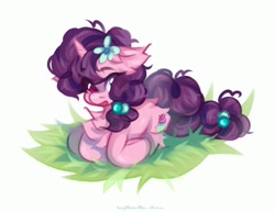 Size: 2200x1700 | Tagged: safe, artist:vanilla-chan, sugar belle, pony, unicorn, g4, butt fluff, chest fluff, female, flower, flower in hair, horn, lying down, mare, prone, solo