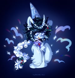 Size: 1967x2048 | Tagged: safe, artist:vanilla-chan, oc, oc only, pony, unicorn, abstract background, braid, chest fluff, female, fetlock tuft, hat, hennin, horn, jewelry, mare, peytral, starry eyes, wingding eyes