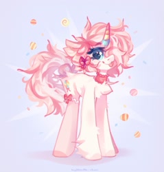 Size: 1959x2048 | Tagged: safe, artist:vanilla-chan, oc, oc only, pony, unicorn, abstract background, bow, chest fluff, choker, clothes, ear fluff, female, fetlock tuft, hair bow, hair over one eye, horn, mare, socks, tongue out