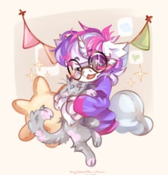 Size: 1968x2048 | Tagged: safe, artist:vanilla-chan, oc, oc only, cat, pony, unicorn, clothes, glasses, horn, hug, one eye closed, solo, sweater