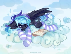 Size: 2048x1574 | Tagged: safe, artist:vanilla-chan, oc, oc only, pegasus, pony, book, clothes, cloud, ear fluff, eyebrows, eyebrows visible through hair, female, lying down, mare, on a cloud, one eye closed, prone, socks, striped socks