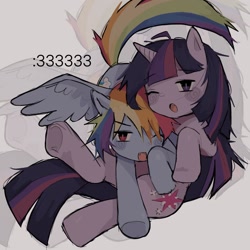Size: 1440x1440 | Tagged: safe, artist:al3xiwy, rainbow dash, twilight sparkle, pegasus, pony, unicorn, g4, :3, duo, duo female, fangs, female, gray background, horn, lesbian, lying down, mare, one eye closed, one wing out, open mouth, ship:twidash, shipping, simple background, unicorn twilight, wings