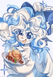 Size: 1486x2160 | Tagged: safe, artist:vanilla-chan, oc, oc only, pegasus, pony, abstract background, bow, chest fluff, ear fluff, female, food, hair bow, mare, pancakes, plate, solo