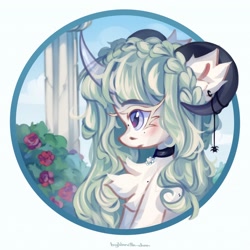 Size: 2048x2048 | Tagged: safe, artist:vanilla-chan, oc, oc only, pony, unicorn, blushing, chest fluff, choker, curved horn, ear fluff, ear piercing, earring, female, flower, goat horns, horn, horns, jewelry, mare, piercing, solo, transparent horn