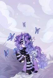 Size: 1393x2048 | Tagged: safe, artist:vanilla-chan, oc, oc only, butterfly, pony, unicorn, butt fluff, chest fluff, curved horn, ear fluff, female, fetlock tuft, horn, mare, solo