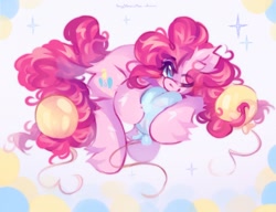 Size: 2048x1574 | Tagged: safe, artist:vanilla-chan, pinkie pie, earth pony, pony, g4, balloon, butt fluff, ear fluff, eyebrows, eyebrows visible through hair, female, fetlock tuft, mare, one eye closed, solo, wink