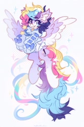Size: 1428x2160 | Tagged: safe, artist:vanilla-chan, oc, oc only, oc:starbright flow, pegasus, pony, abstract background, bell, bell collar, butt fluff, clothes, collar, colored wings, eyebrows, eyebrows visible through hair, female, flying, hoodie, mare, solo, spread wings, wings