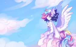 Size: 2048x1260 | Tagged: safe, artist:vanilla-chan, oc, oc only, oc:starbright flow, pegasus, pony, chest fluff, cloud, colored wings, crying, ear fluff, female, fetlock tuft, mare, sitting, sky, spread wings, wings