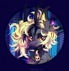 Size: 1987x2048 | Tagged: safe, artist:vanilla-chan, oc, oc only, pony, chest fluff, city, collar, commission, cyberpunk, ear fluff, ear tufts, horns, solo, spiked collar