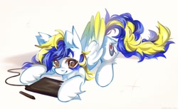 Size: 2048x1257 | Tagged: safe, artist:vanilla-chan, oc, oc only, pegasus, pony, colored wings, drawing tablet, eyebrows, eyebrows visible through hair, female, lying down, mare, prone, simple background, solo, stylus, white background, wings