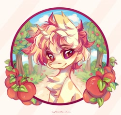 Size: 2101x2000 | Tagged: safe, artist:vanilla-chan, oc, oc only, pony, unicorn, apple, apple tree, chest fluff, ear fluff, eyebrows, eyebrows visible through hair, food, horn, solo, tree