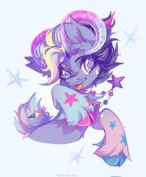Size: 1688x2048 | Tagged: safe, artist:vanilla-chan, oc, oc only, pony, choker, cloven hooves, goat horns, hairclip, horns, jewelry, necklace, starry eyes, tongue out, wingding eyes
