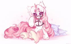 Size: 2048x1267 | Tagged: safe, artist:vanilla-chan, oc, oc only, pony, unicorn, chest fluff, ear fluff, female, fetlock tuft, halter, harness, horn, mare, pillow, pink background, simple background, sitting, tack