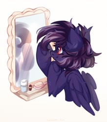 Size: 1843x2100 | Tagged: safe, artist:vanilla-chan, oc, oc only, pegasus, pony, blushing, brush, commission, hairbrush, mirror, simple background, solo, white background