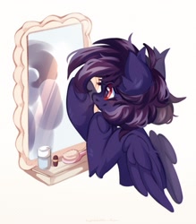 Size: 1843x2100 | Tagged: safe, artist:vanilla-chan, oc, oc only, oc:pestyskillengton, pegasus, pony, blushing, brush, commission, hairbrush, mirror, simple background, solo, white background