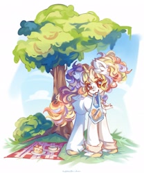 Size: 1707x2048 | Tagged: safe, artist:vanilla-chan, oc, oc only, pony, unicorn, bag, bell, bell collar, butt fluff, cake, chest fluff, collar, cup, ear fluff, ear piercing, earring, female, fetlock tuft, food, horn, jewelry, mare, mouth hold, picnic blanket, piercing, solo, teacup, tree