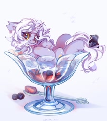 Size: 1807x2048 | Tagged: safe, artist:vanilla-chan, oc, oc only, pony, unicorn, berry, blueberry, chest fluff, cocktail glass, cream, cup, cup of pony, ear fluff, female, fetlock tuft, food, horn, mare, micro, simple background, solo, strawberry, white background